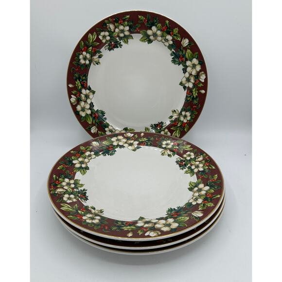 Pair of 2 Vtg Christmas Dinner Plates in Splendor Burgundy by Sakura 2002-04 - Picture 2 of 7